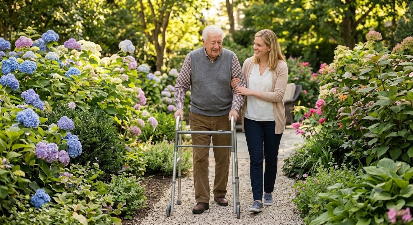 A SelectNursing nurse accompanying a client outdoors