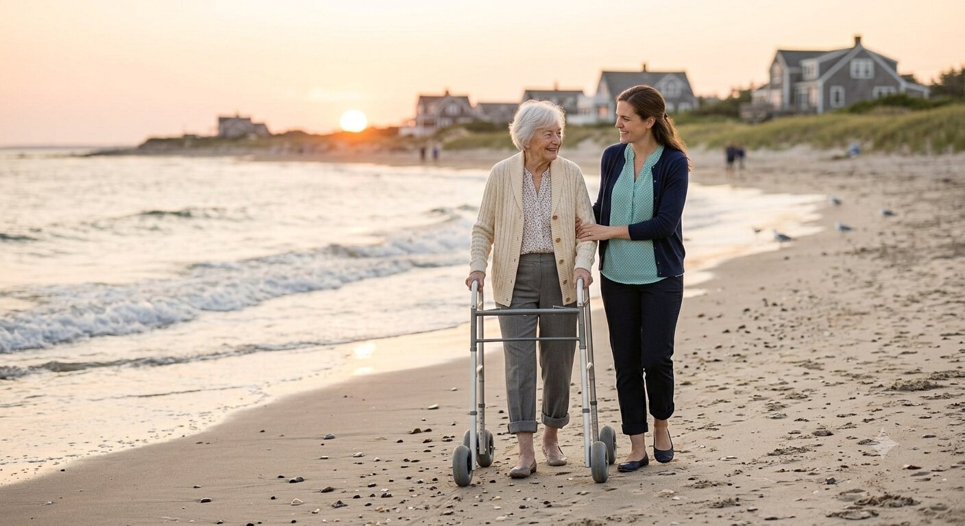 A SelectNursing nurse walking with a client at sunset